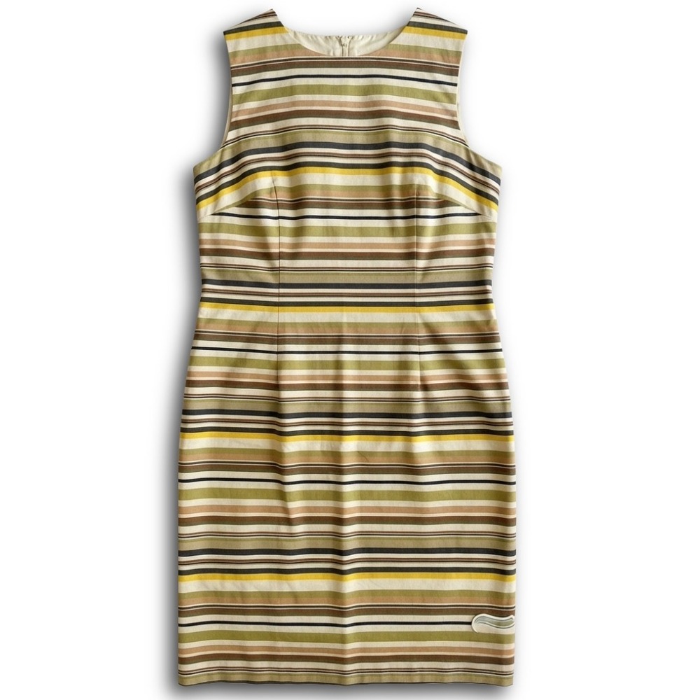 Liz Claiborne New York Striped Sleeveless Sheath Dress Green Yellow Brown Size 8